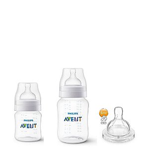 Kit de Mamadeiras Anti-Cólicas Avent 125ML & 260ML + Bico Extra Fluxo Rápido 6M+