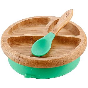 Prato de Bambu Com Ventosa e Divisórias + Colher Avanchy Verde