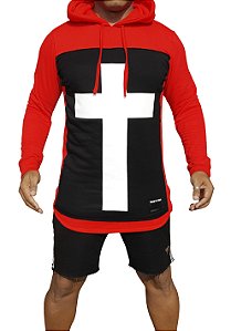 Casaco de moletom com Capuz Estampa Crucifixo Vermelho