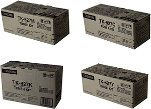 Conjunto de Cartuchos de Toner Kyocera TK-827; Contém: (1) TK-827K Preto, (1) TK-827C Ciano, (1) TK-827M Magenta e (1) Cartuchos de Toner Amarelo TK-827Y