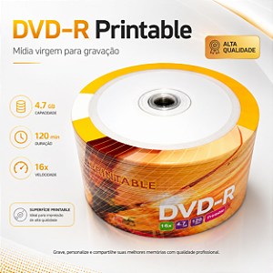 DVD-R Printable Gravável 4,7 GB – Pino com 50 Unidades
