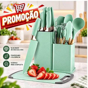 Kit Conjunto 19 Pçs De Utensílios Facas Silicone e Plástico Cozinha Jogo Completo Batedeira Colher Pegador