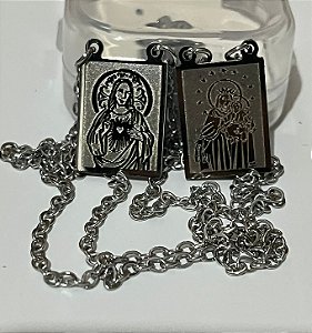 Escapulário Aço Inox Prateado Sagrado Coração De Jesus e Nossa Sra. Do Carmo Retangular