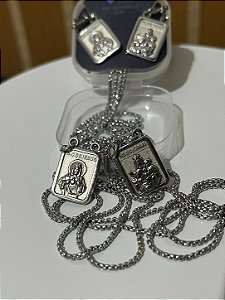 Escapulario Aco Inox Prateado Sagrado Coracao De Jesus e Nossa Sra. Do Carmo Pingente Retangular caixinha