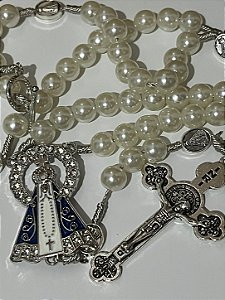 Terco Perola Nossa Sra. Aparecida Resplendor cravejado Com Medalha Prateado Grande