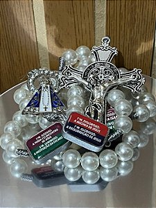 Terco Nossa Sra. Aparecida Com Resplendor Contemplacao dos Misterios Detalhe Perolas - Prateado