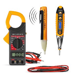 Kit 3 EM 1 Caneta Detector tensão + Amperímetro Digital Alicate + Chave Teste de Corrente e Voltagem