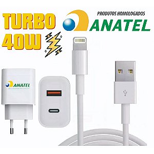 Carregador Iphone Super Turbo Fonte 45W 2 Entradas USB e USB-C + Cabo Usb-Lightning Ultra Rápido para IPHONE 7 8 X XR XS 11 12 13 14