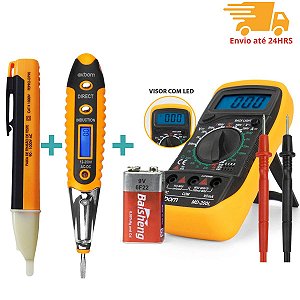 Kit 3 em 1 Multímetro Profissional + Caneta Detector tensão + Chave Teste Digital Corrente Voltagem
