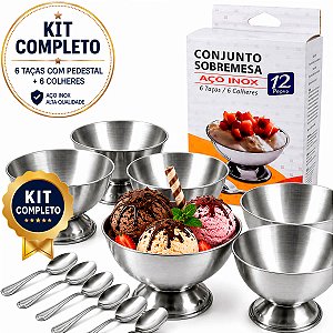 Kit Conjunto Taças Inox Sorvete Sobremesa 12 Pçs com Colher Ravinox