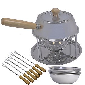 Aparelho Fondue 1,3L 17 peças Clássico Aço Inox Cumbucas Queimador Garfos Ravinox