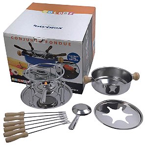 Aparelho Fondue 1L 11 peças Clássico Aço Inox Queimador 6 Garfos Ravinox