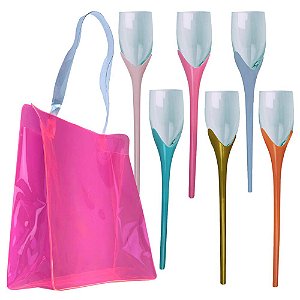 Kit Ice Bag Rosa Flash e 6 Taças Espumantes Hastes Coloridas