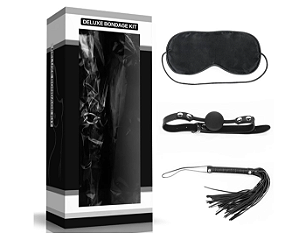 KIT BONDAGE LUXO 3 PEÇAS COM MORDAÇA VENDA E CHICOTE LOVETOY