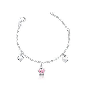 Pulseira infantil coroa rosa e coração - prata 925