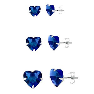 Kit trio de brincos prata 925 coração azul marinho