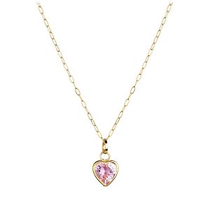 Colar ponto de luz coração rosa claro Ouro 18k 750 zeta 45cm