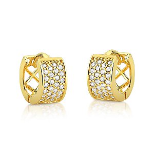 Argola de ouro 18k cravejada pequena e larga 8mm x 5mm