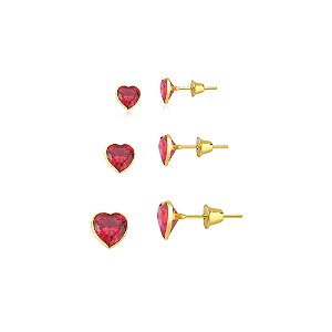 Trio de Brincos de Ouro 18k Coração com Zircônias Rosa Rubi