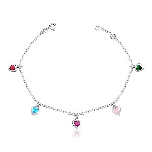 Pulseira Feminina de Prata 925 Corações Colorido pendente