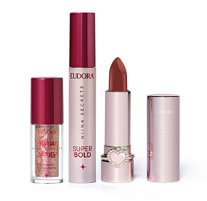 Combo Niina Secrets: Batom Cremoso Love You 3g + Delineador Crystal Brilho 3g + Máscara para Cílios Super Bold 10g