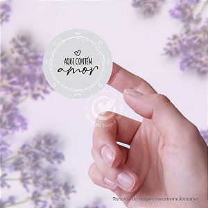 Adesivo Papel Redondo | Aqui contém Amor - 50 unid. (Pronta-entrega)