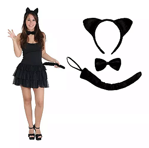 FANTASIA DE GATINHA C/ TIARA, GRAVATA E RABINHO