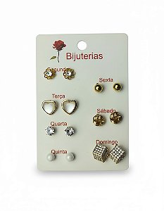 Cartela Semaninha com 7 Pares de Brincos Dourado Bijuteria