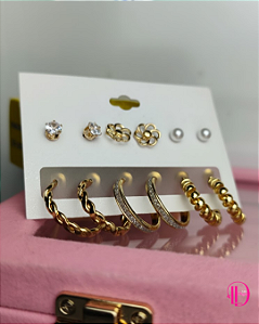 Conjunto de 6 Pares de Brincos Femininos Dourado