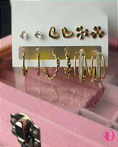 Conjunto de 6 Pares de  Brincos Dourado Argola + Minimalista