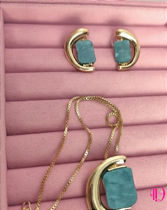 Conjunto Colar e Brincos  Dourado com Pedra Azul