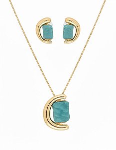 Conjunto Dourado com Pedra Azul Bijuteria
