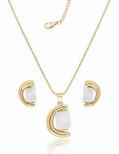Conjunto Dourado com Pedra Branca Bijuteria