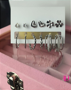Conjunto de 6 Pares de  Brincos Prata Argola + Minimalista