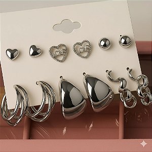 Conjunto de 6 Pares de Brincos Prata