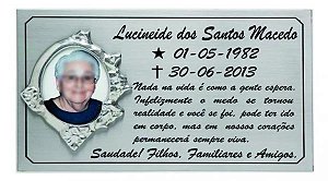 Placa em Aço Inox 15x25 com Foto em Porcelana e Moldura em Alumínio Fundido