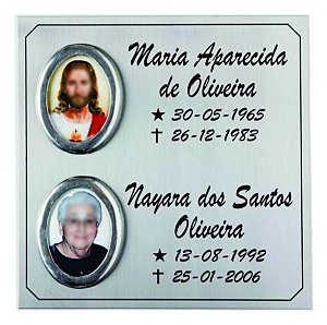 Placa em Aço Inox 25x25 com 2 Fotos em Porcelana e Aros em Alumínio Fundido