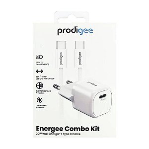 KIT CARREGADOR PAREDE PRODIGEE ENERGEE + CABO TYPE C / TYPE C PD 20W TURBO ANATEL - BRANCO