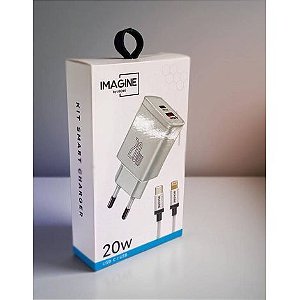 KIT CARREGADOR PAREDE + CABO LIGHTNING / TYPE-C IMAGINE PD 20W + USB QC3.0 TURBO ANATEL - BRANCO