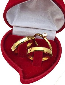 Par de Aliança de Compromisso - Dourada Chanfrada 4mm Aço inoxidável + Anel solitário