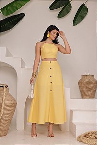 Saia Longa Em Linho Com Botão e Fenda Na Frente