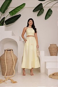 Saia Longa Em Linho Com Cordão Cintura Elasticado e Bolsos Laterais