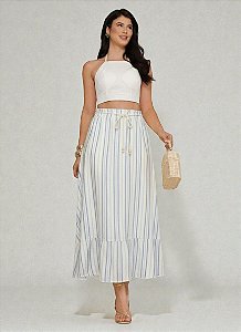Saia Longa Azul em Linho Listrada Com Cordão e Bolsos