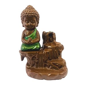 Incensário Cascata Buda Verde Meditando 10cm
