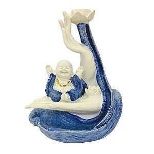 Incensário Cascata Buda Alegria Azul/Branco 15cm