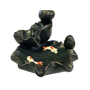 Incensário Cascata Porcelana Preto com Peixes Fosco