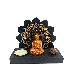 Incensário/ Porta Vela Buda Mandala Dourado