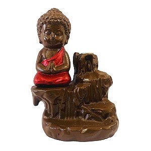 Incensário Resina Cascata Buda Meditando Vermelho 10cm 02