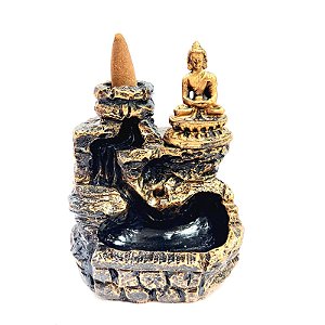 Incensário Resina Cascata Buda Meditando Dourado