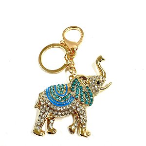 Chaveiro em Metal Dourado - Elefante com Brilho Azul